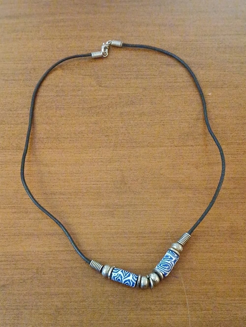 Blue Beaded Leather Cord Necklace with Silver Accents
